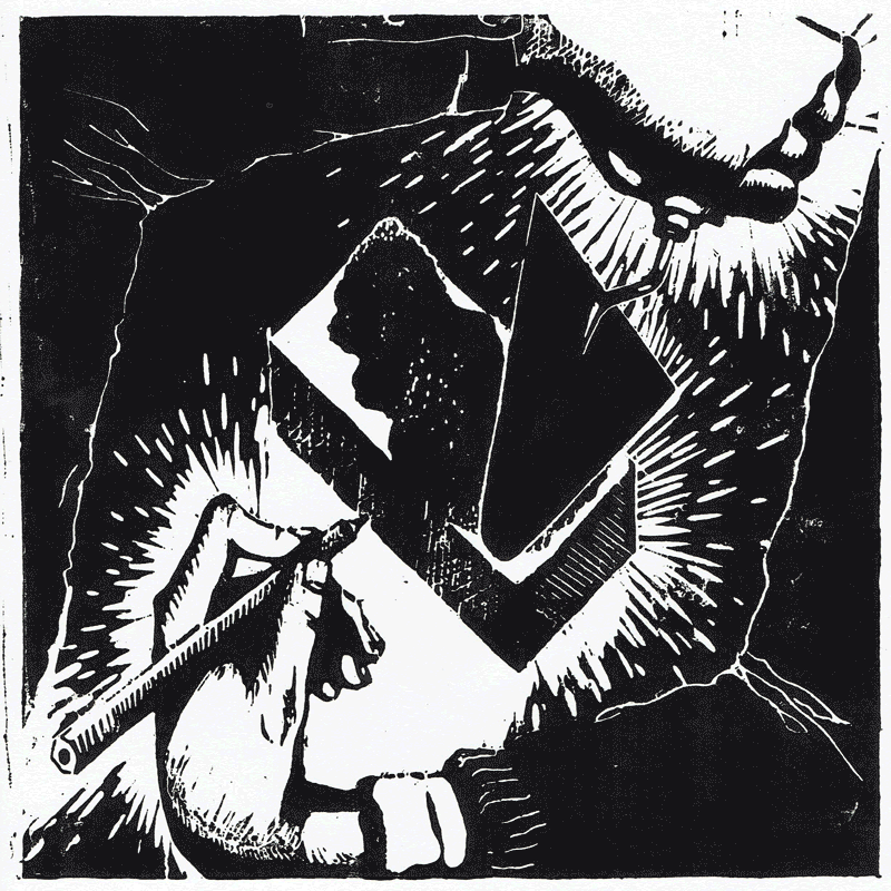 linogravure représentant deux mains autour d'une brique. L'une en dessine les contours l'autre dépose dessus du mortier à l'aide d'une truelle.